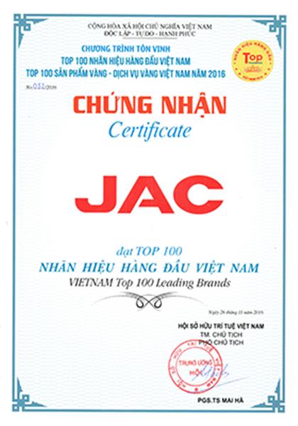 JAC Việt Nam đứng trong top 100 nhãn hiệu hàng đầu Việt Nam